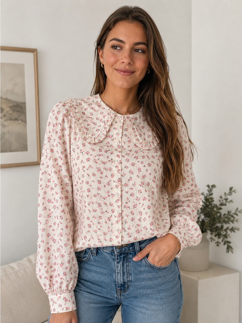 Cider Cream Pink Floral Peter Collar Button-Down Blouse